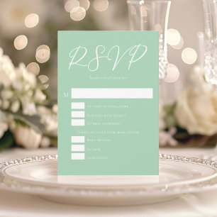 Soft Mint Green White Script Spring Wedding RSVP Card