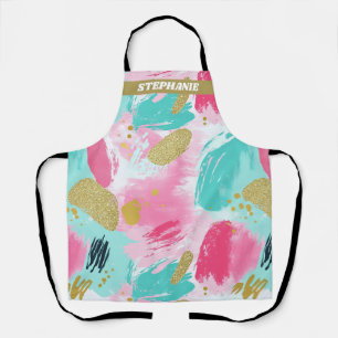 Soft Mint Pink Spring Gold Abstract Brushstrokes Apron