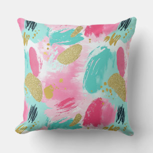 Soft Mint Pink Spring Gold Abstract Brushstrokes Cushion