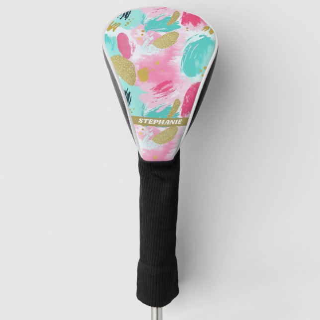 Soft Mint Pink Spring Gold Abstract Brushstrokes Golf Head Cover (Front)