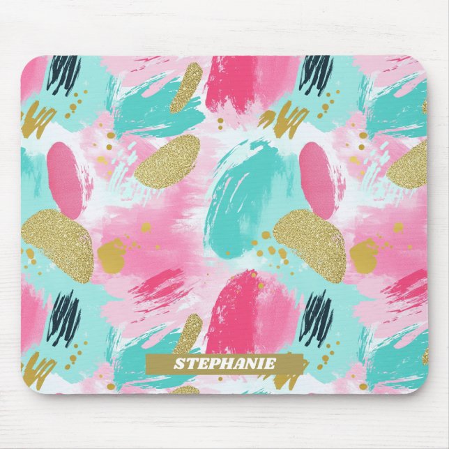 Soft Mint Pink Spring Gold Abstract Brushstrokes Mouse Mat (Front)