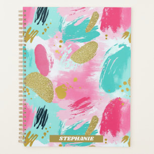 Soft Mint Pink Spring Gold Abstract Brushstrokes Planner