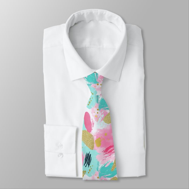 Soft Mint Pink Spring Gold Abstract Brushstrokes Tie (Tied)