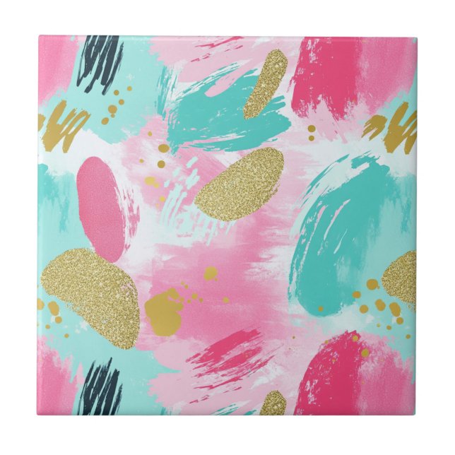 Soft Mint Pink Spring Gold Abstract Brushstrokes Tile (Front)