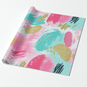 Soft Mint Pink Spring Gold Abstract Brushstrokes Wrapping Paper