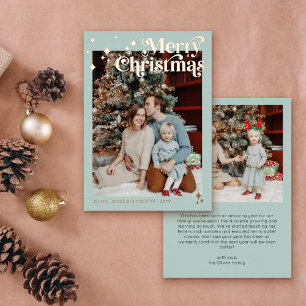 Soft Mint Retro Font Flares Photo Merry Christmas Foil Holiday Card