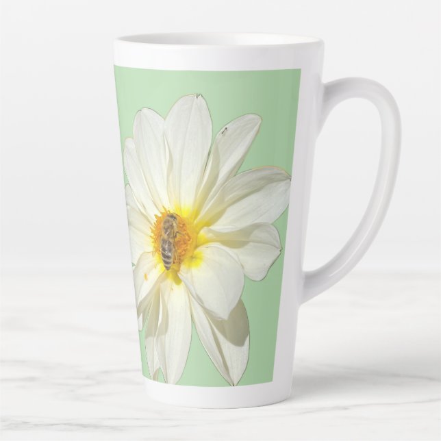 Soft Mint White Dahlia and Honeybee Latte Mug (Right)
