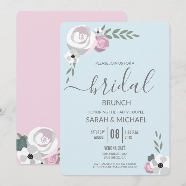Soft Mist blue blush pink Flower Bridal brunch Invitation (Front/Back)