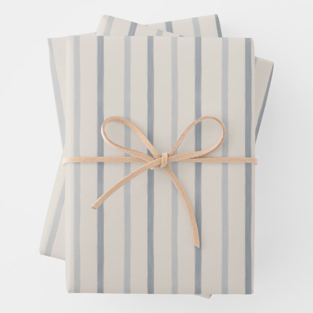 Soft Mist Blue Painterly Ticking Stripe Pattern Wrapping Paper Sheet (In situ)