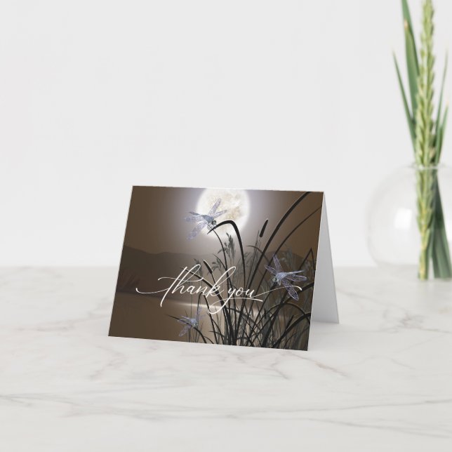 Soft Mocha Brown Full Moon Dragonfly Pond  Thank You Card (Front)