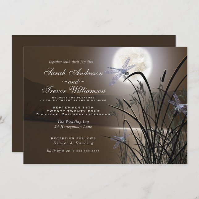 Soft Mocha Wedding Full Moon Dragonfly Pond  Invitation (Front/Back)