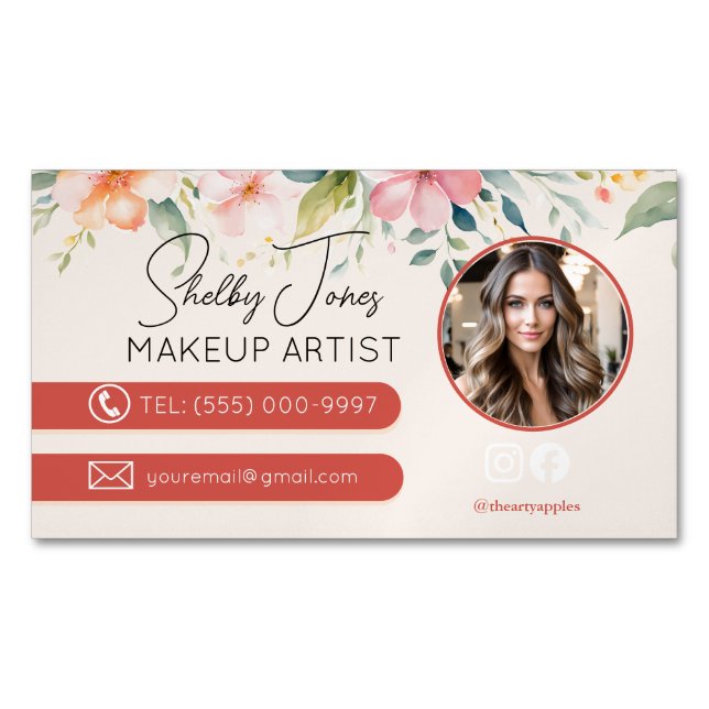 soft modern floral Makeup Artist MUA photo Magnetic Business Card (Front)