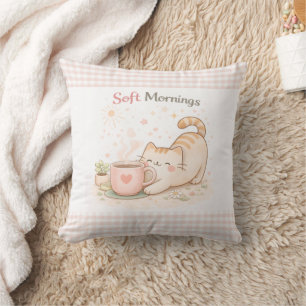 Soft Morning Cute Kitty Cat Pink Gingham Home  Cushion