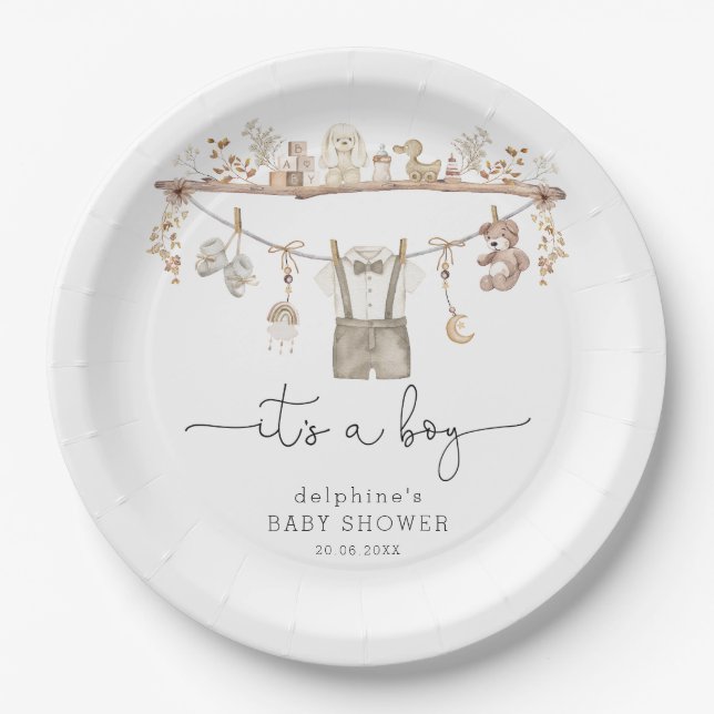 Soft Muted Boho Little Gentleman Boy Baby Shower Paper Plate (Front)