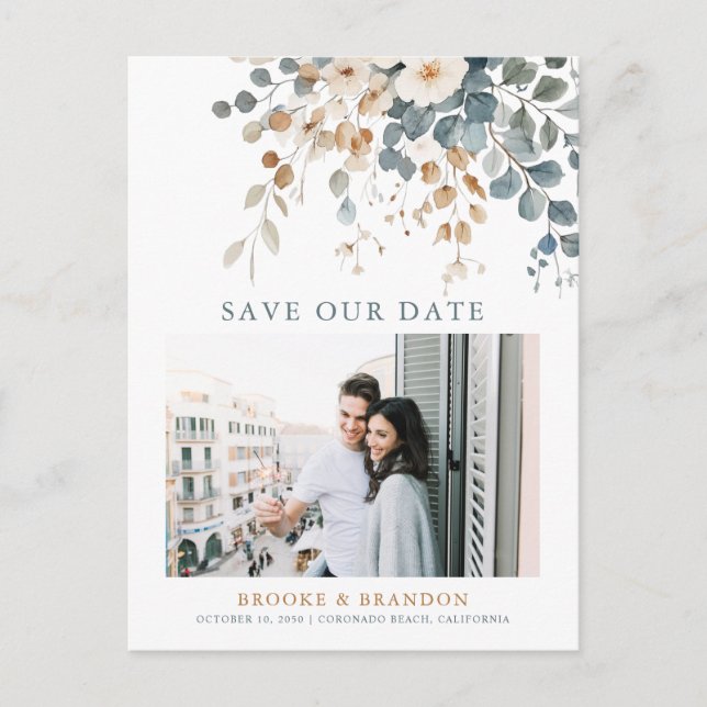 Soft Muted Earthy Tone Floral Photo Save the Date Postcard (Front)