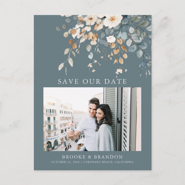 Soft Muted Earthy Tone Floral Photo Save the Date Postcard (Front)