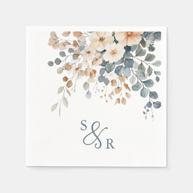 Soft Muted Earthy Tone Floral Watercolor Wedding Napkin (Front)