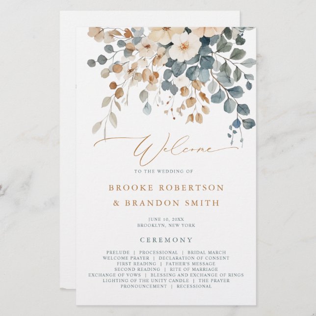 Soft Muted Earthy Tone Floral  Wedding Program (Front/Back)