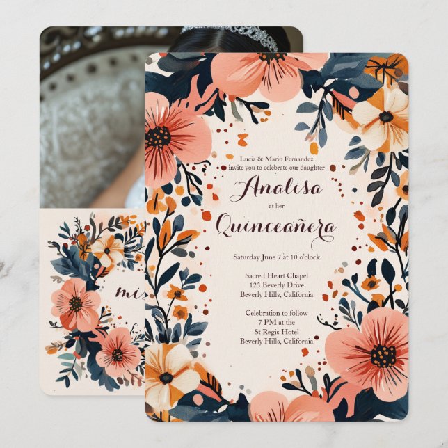 Soft Muted Floral Frame Quinceañera CUSTOM Photo Invitation (Front/Back)