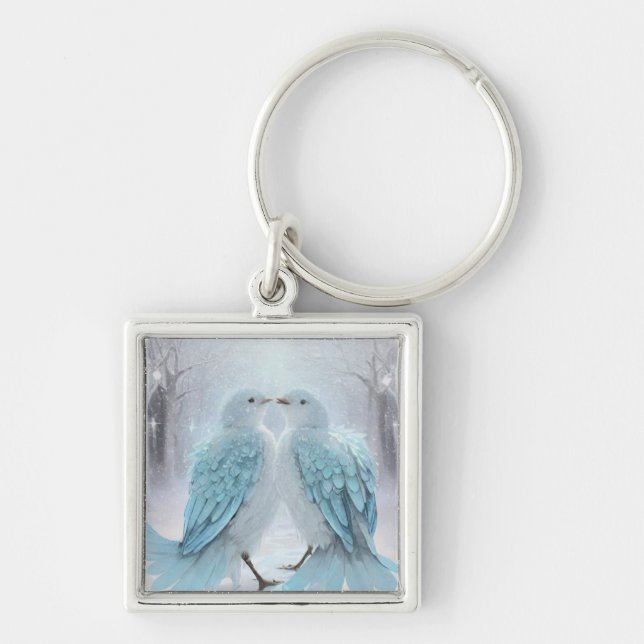 *~* Soft Muted  Love Birds AP54 Art Winter Key Ring (Front)