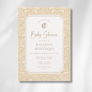 Soft Natural Brown Ornament Gold Leaf Baby Shower Invitation