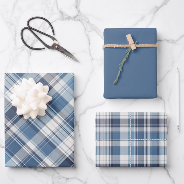 Soft Navy, Blue & White Plaid Wrapping Paper Sheet (Front)