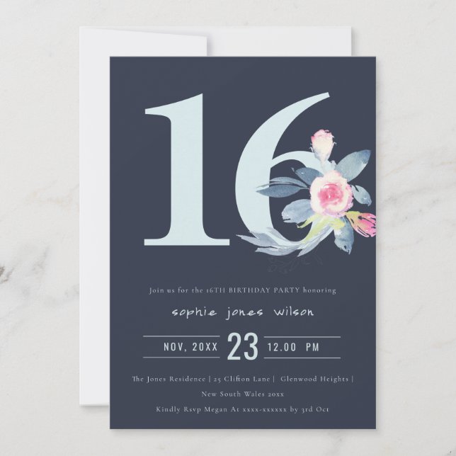 SOFT NAVY BLUSH BLUE FLORAL 16TH ANY AGE BIRTHDAY INVITATION (Front)