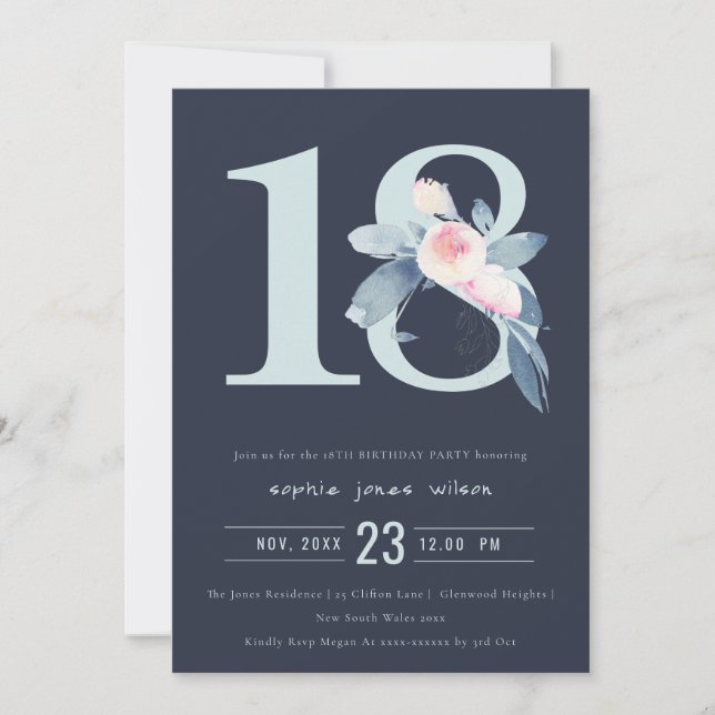SOFT NAVY BLUSH BLUE FLORAL 18TH ANY AGE BIRTHDAY INVITATION (Front)