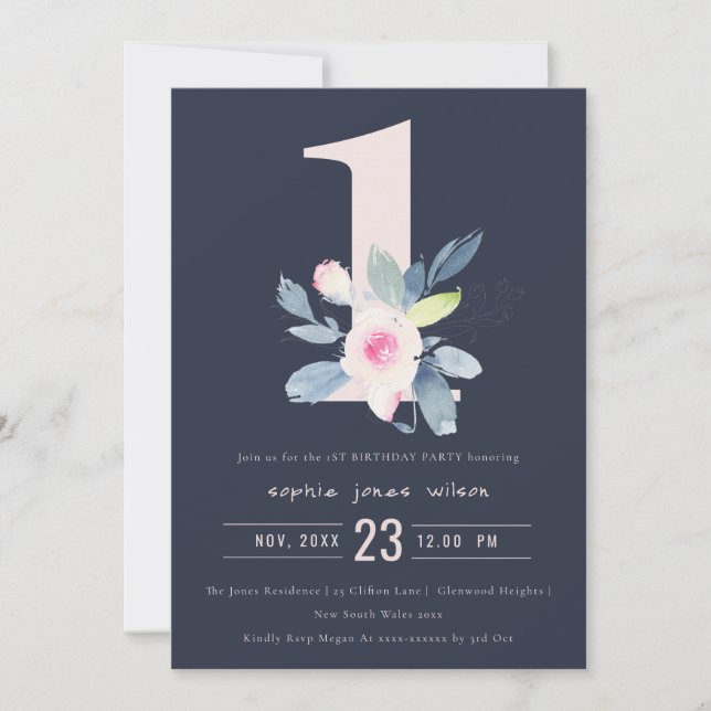 SOFT NAVY BLUSH BLUE FLORAL 1st ANY AGE BIRTHDAY Invitation (Front)