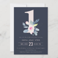SOFT NAVY BLUSH BLUE FLORAL 1st ANY AGE BIRTHDAY