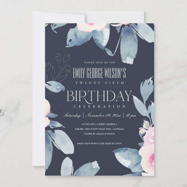 SOFT NAVY BLUSH BLUE FLORAL 25th ANY AGE BIRTHDAY Invitation (Front)