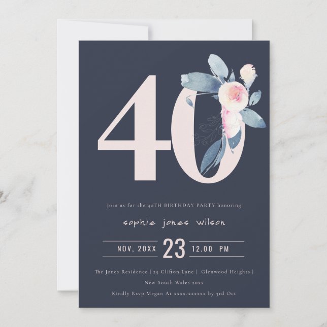 SOFT NAVY BLUSH BLUE FLORAL 40TH ANY AGE BIRTHDAY INVITATION (Front)
