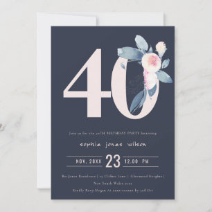 SOFT NAVY BLUSH BLUE FLORAL 40TH ANY AGE BIRTHDAY INVITATION