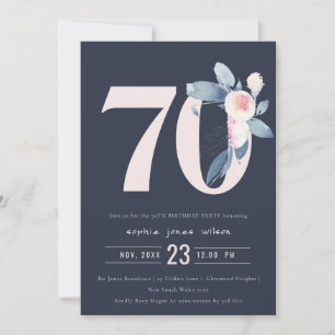 SOFT NAVY BLUSH BLUE FLORAL 70TH ANY AGE BIRTHDAY INVITATION