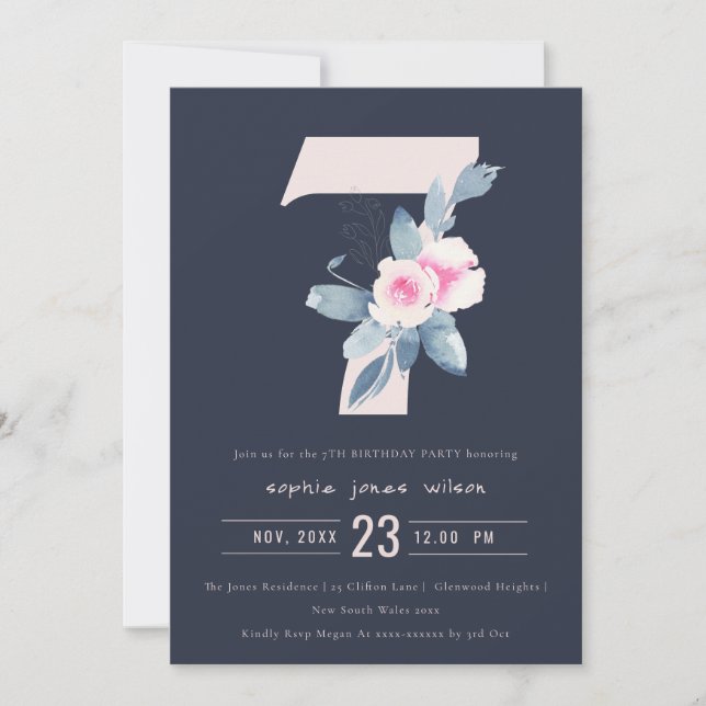SOFT NAVY BLUSH BLUE FLORAL 7TH ANY AGE BIRTHDAY INVITATION (Front)