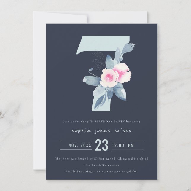 SOFT NAVY BLUSH BLUE FLORAL 7TH ANY AGE BIRTHDAY INVITATION (Front)