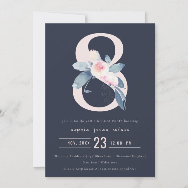 SOFT NAVY BLUSH BLUE FLORAL 8TH ANY AGE BIRTHDAY INVITATION (Front)