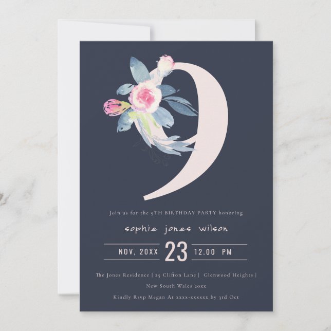 SOFT NAVY BLUSH BLUE FLORAL 9TH ANY AGE BIRTHDAY INVITATION (Front)