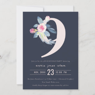 SOFT NAVY BLUSH BLUE FLORAL 9TH ANY AGE BIRTHDAY INVITATION