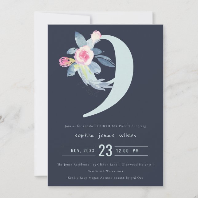 SOFT NAVY BLUSH BLUE FLORAL 9TH ANY AGE BIRTHDAY INVITATION (Front)