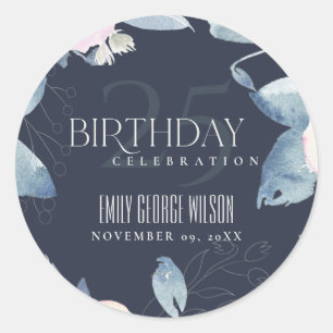 SOFT NAVY BLUSH BLUE FLORAL ANY AGE 25TH BIRTHDAY CLASSIC ROUND STICKER