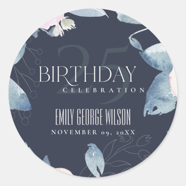 SOFT NAVY BLUSH BLUE FLORAL ANY AGE 25TH BIRTHDAY CLASSIC ROUND STICKER (Front)