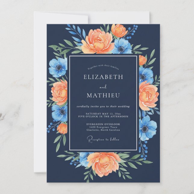 Soft Navy Coral Painted Wedding Invitation (Front)