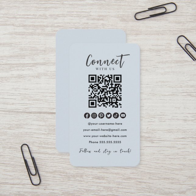 Soft Navy QR Code Connect With Us Social Media Business Card (Front/Back In Situ)