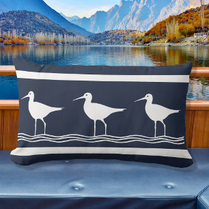 soft navy Sand Pipers on white Lumbar Cushion