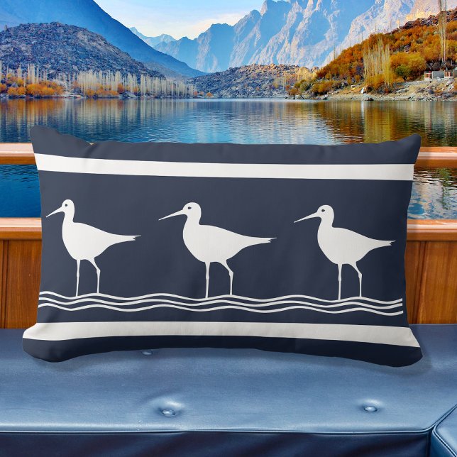 soft navy  Sand Pipers on  white   Lumbar Cushion (Creator Uploaded)