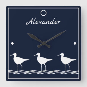 soft navy Sand Pipers on white PILLOW Square Wall Clock
