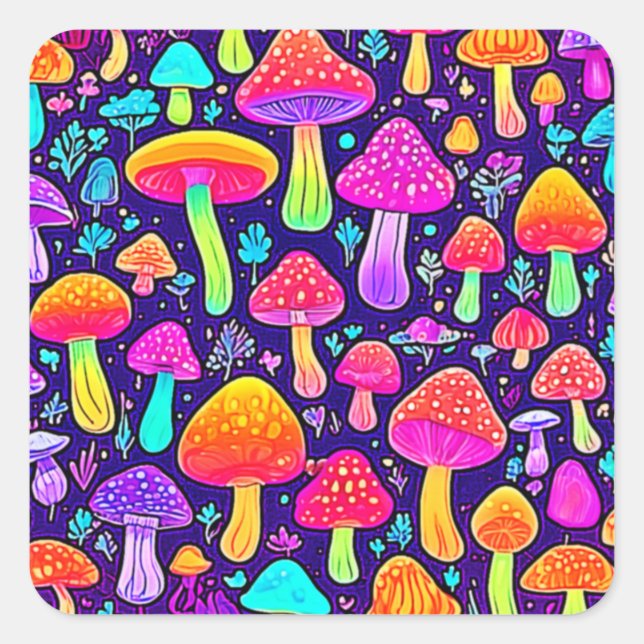 Soft Neon: Cartoon Mushroom Patch Square Sticker (Front)