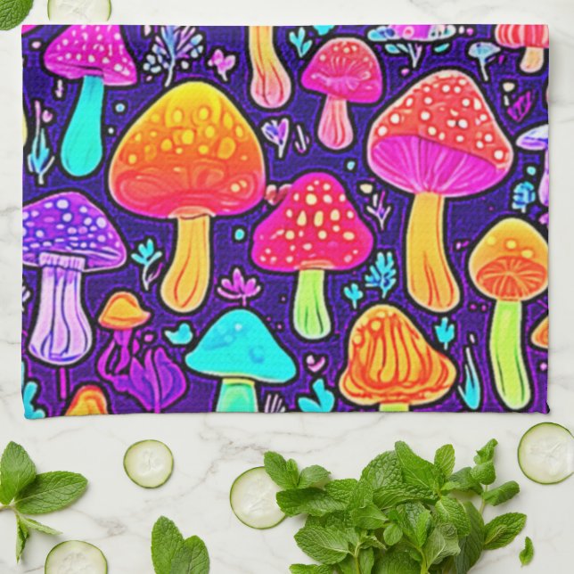 Soft Neon: Cartoon Mushroom Patch Tea Towel (Folded)