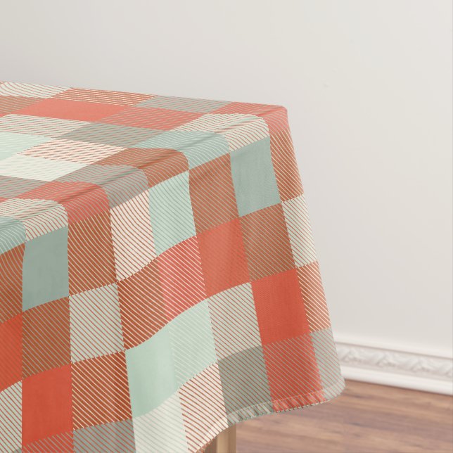 Soft Neural Frosty Green and Warm Orange Chequered Tablecloth (In Situ)